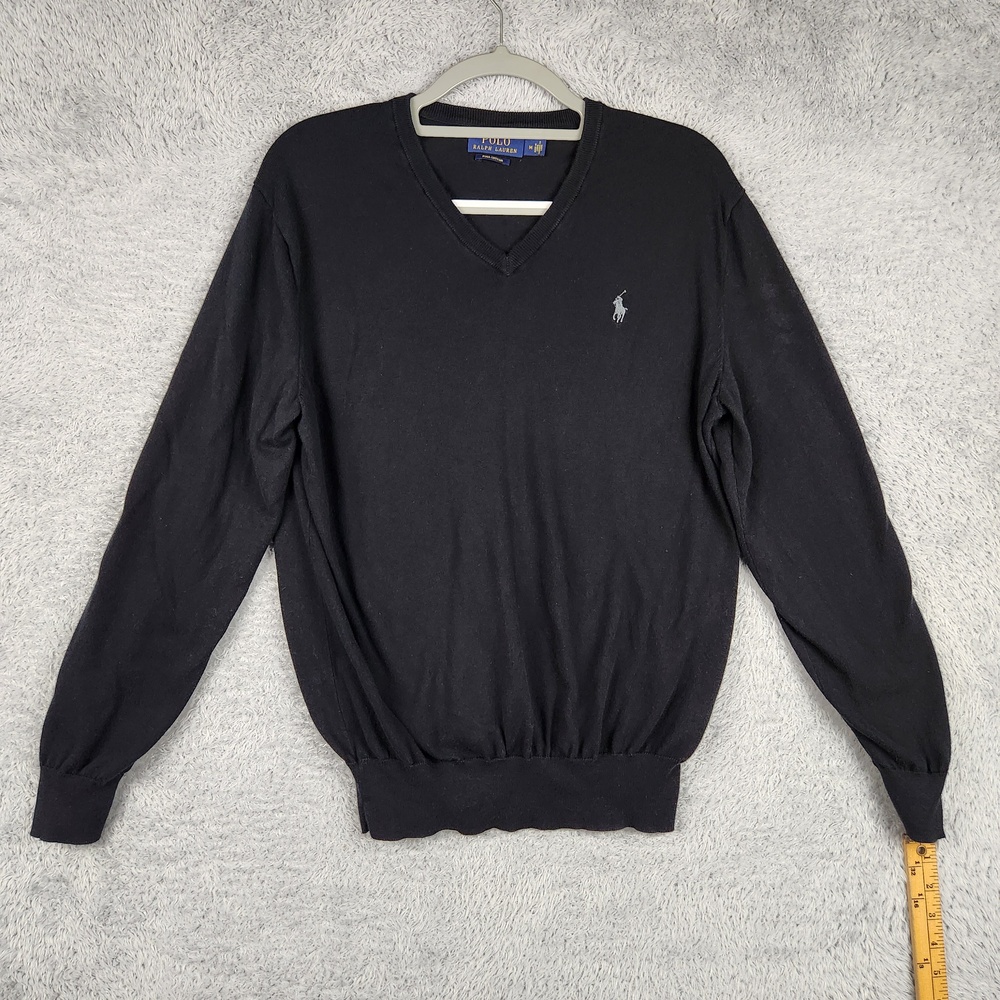 Polo Ralph Lauren Sweater Mens Medium Black V Neck Pima Cotton Knit Pony Logo